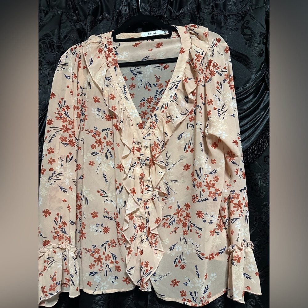 JustFab Ruffle Front Lace-up Blouse - Misty Rose Multi